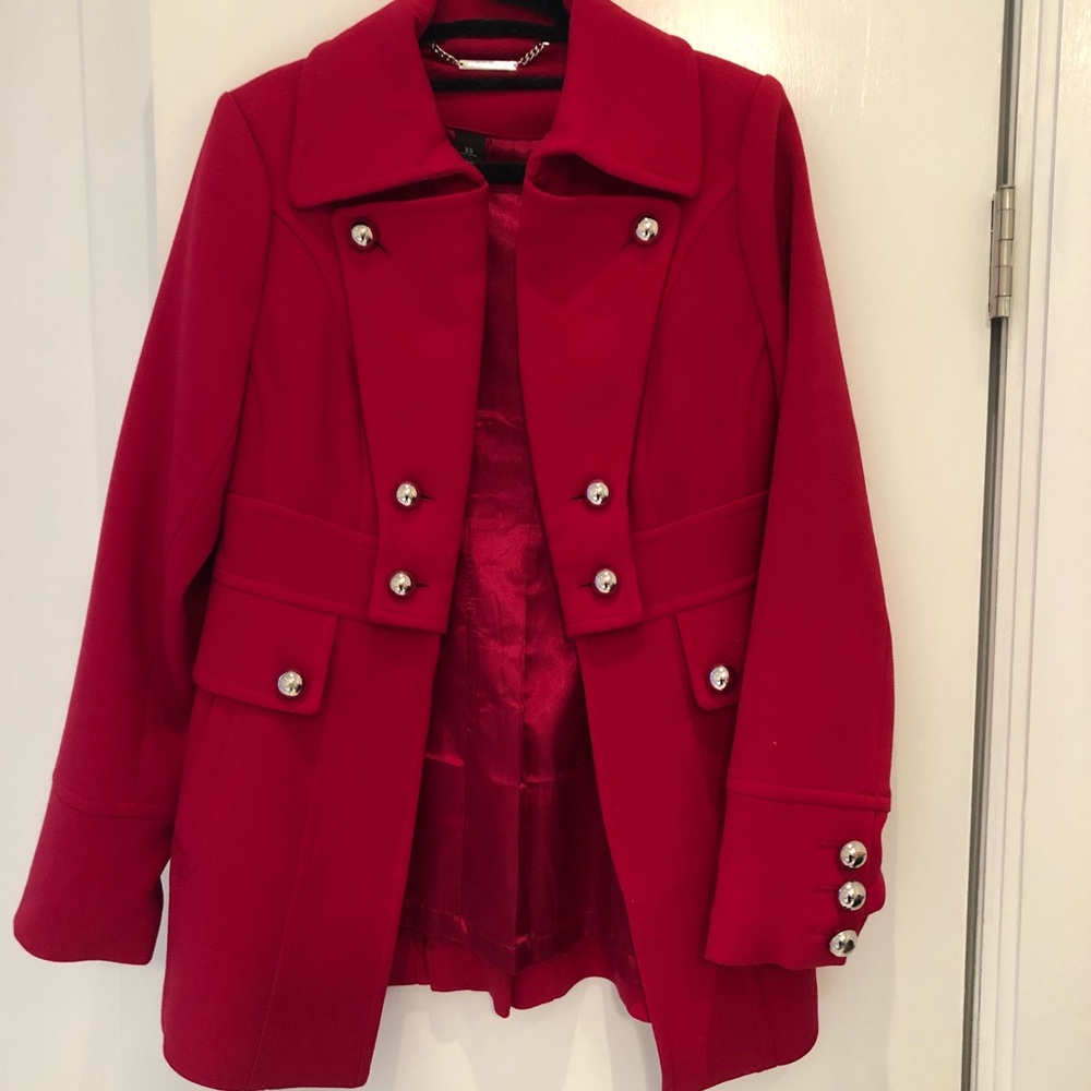 Red pea coat from black and white